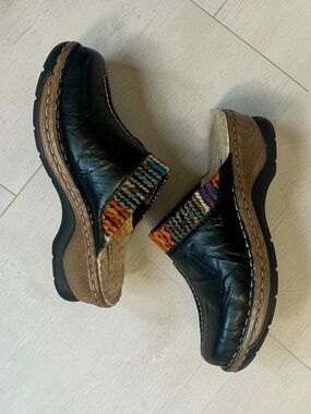 Josef Seibel Black Leather Clogs with Colorful Knit Trim Woman Size EU 38